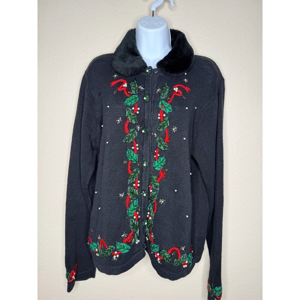 Womens Black Christmas Cardigan Sweater Beaded Faux Fur Collar Holiday